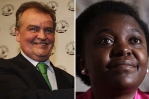 À esquerda, o Senador Roberto Calderoli; à direita, Cecile Kyenge, que vem sendo alvo de discursos racistas desde que foi nomeada ministra da Integração em abril.