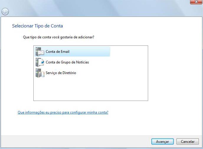 Selecione a op��o 'Conta de E-mail' e clique de 'Avan�ar'